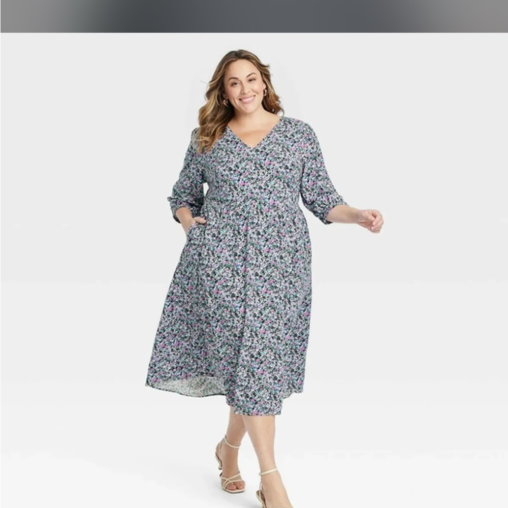Ava & Viv Women's Floral Balloon 3/4 Sleeve Midi A-Line Dress, Size XXL Plus SZ